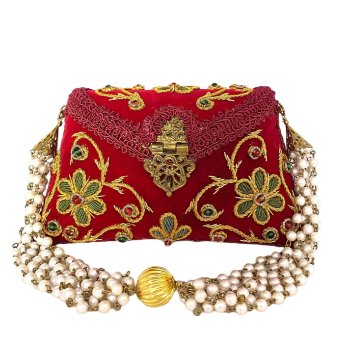 Flower Embroidery Purse Red Color