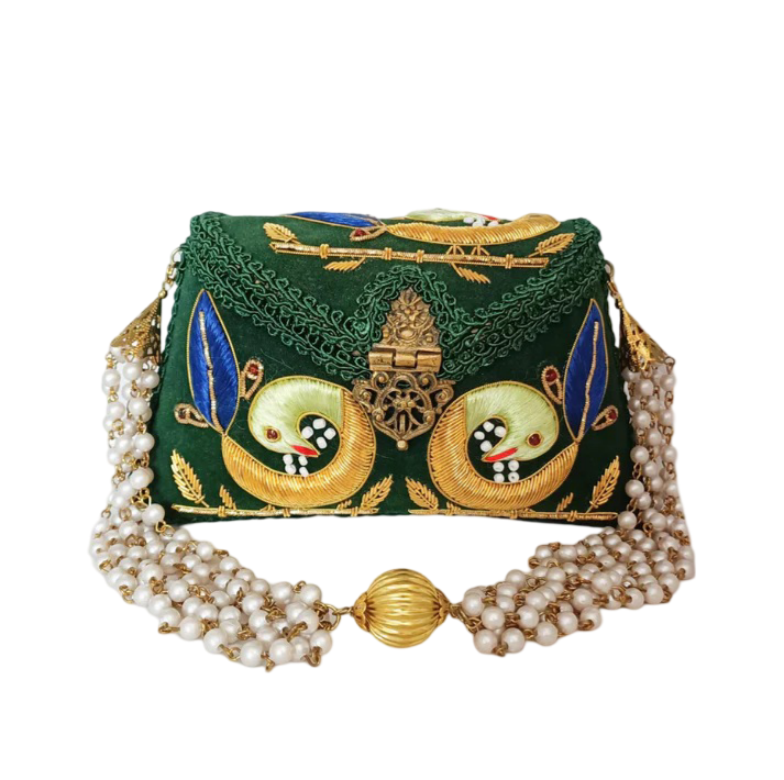 New Peacock Embroidery Purse Dark Green Color