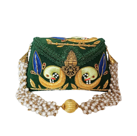 New Peacock Embroidery Purse Dark Green Color