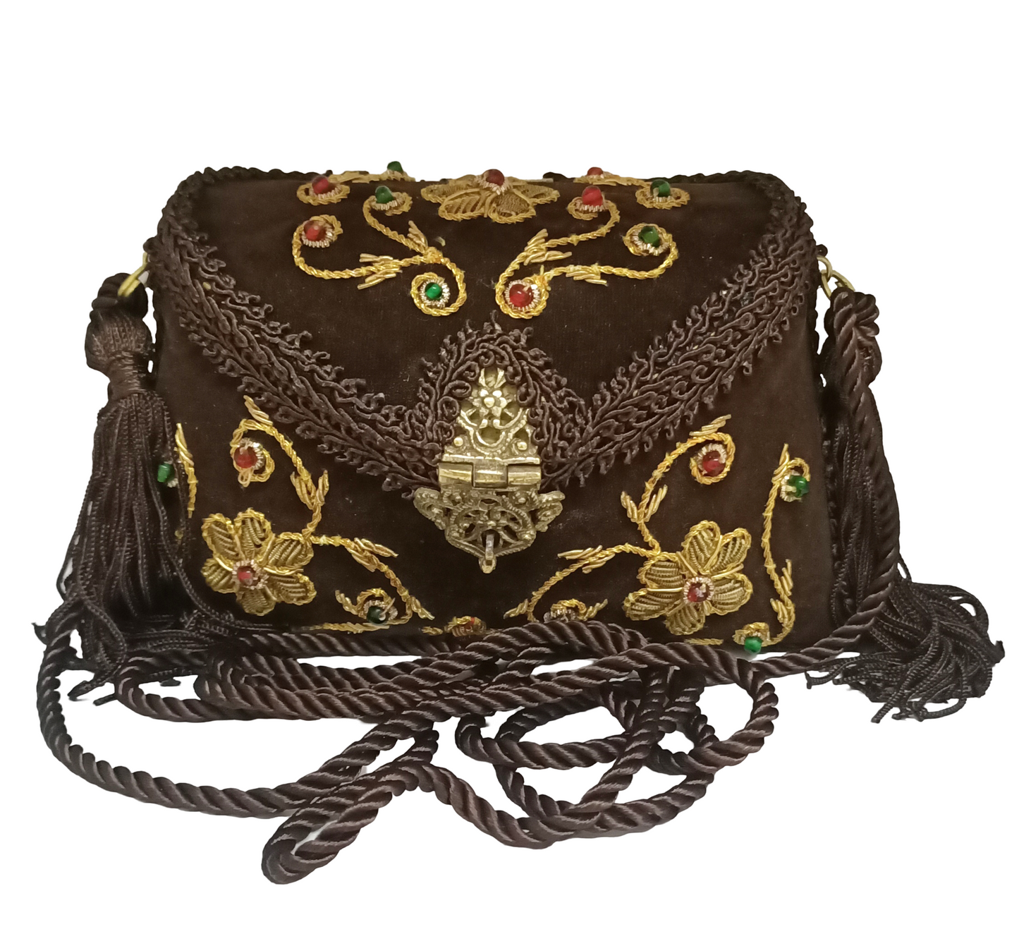 Flower Embroidery Purse Dark Brown Color