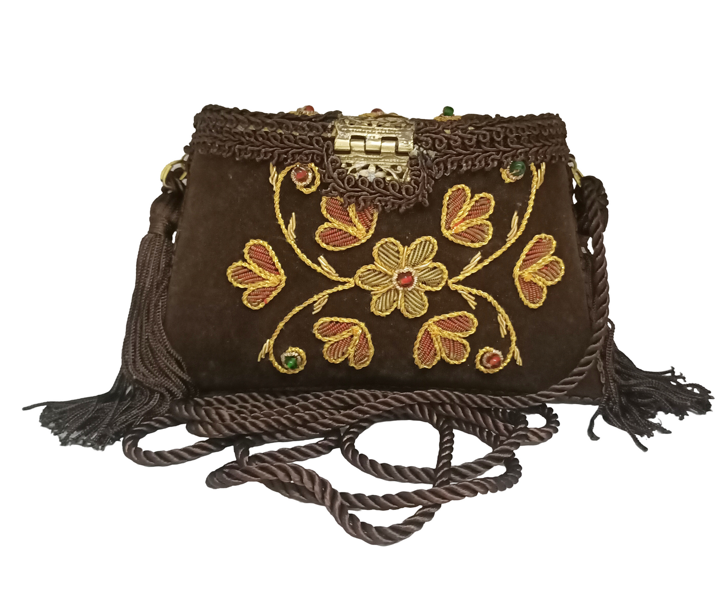 Flower Embroidery Purse Dark Brown Color