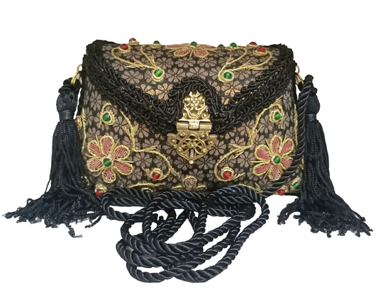 Flower Embroidery Purse Side Black Color