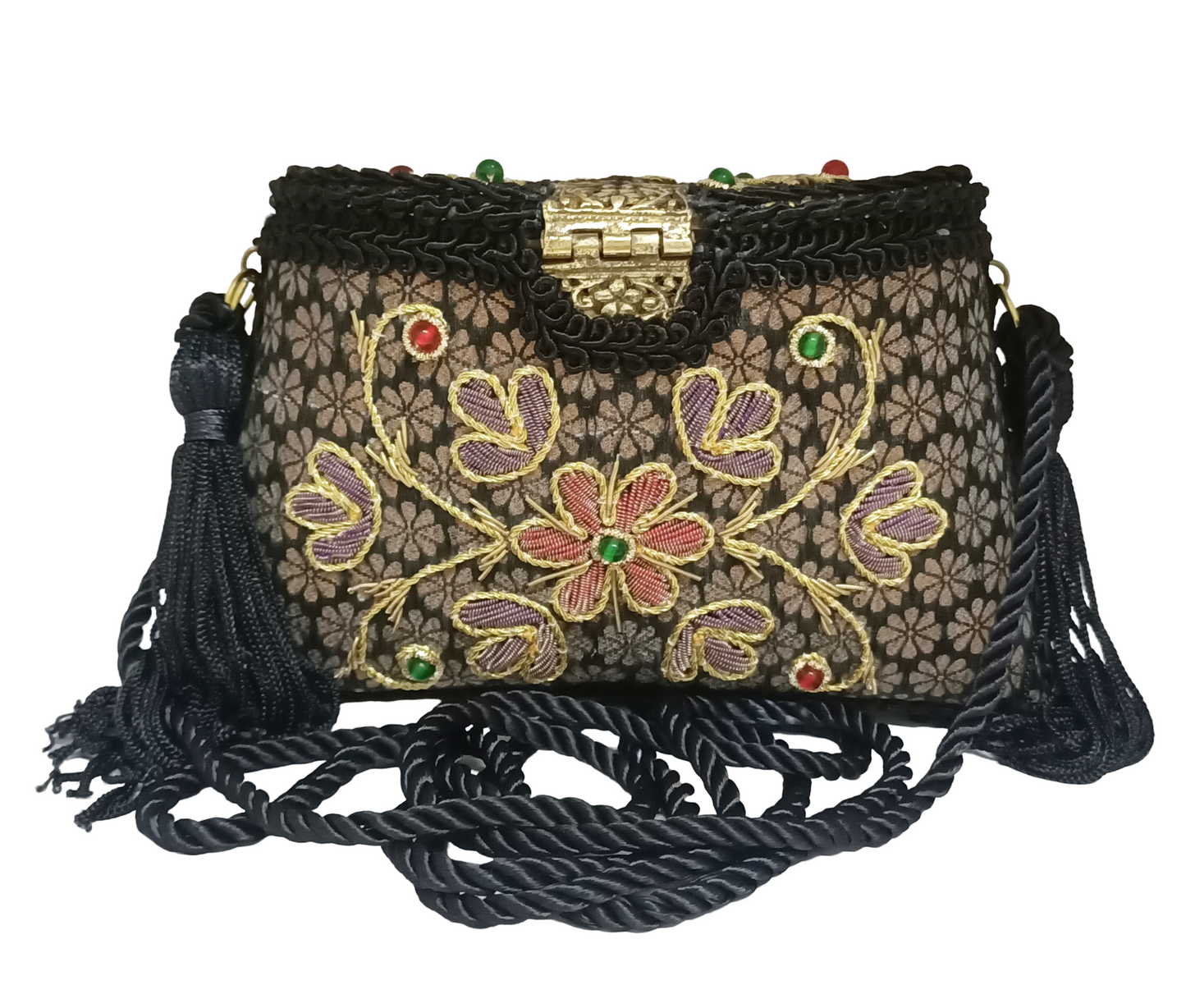 Flower Embroidery Purse Side Black Color