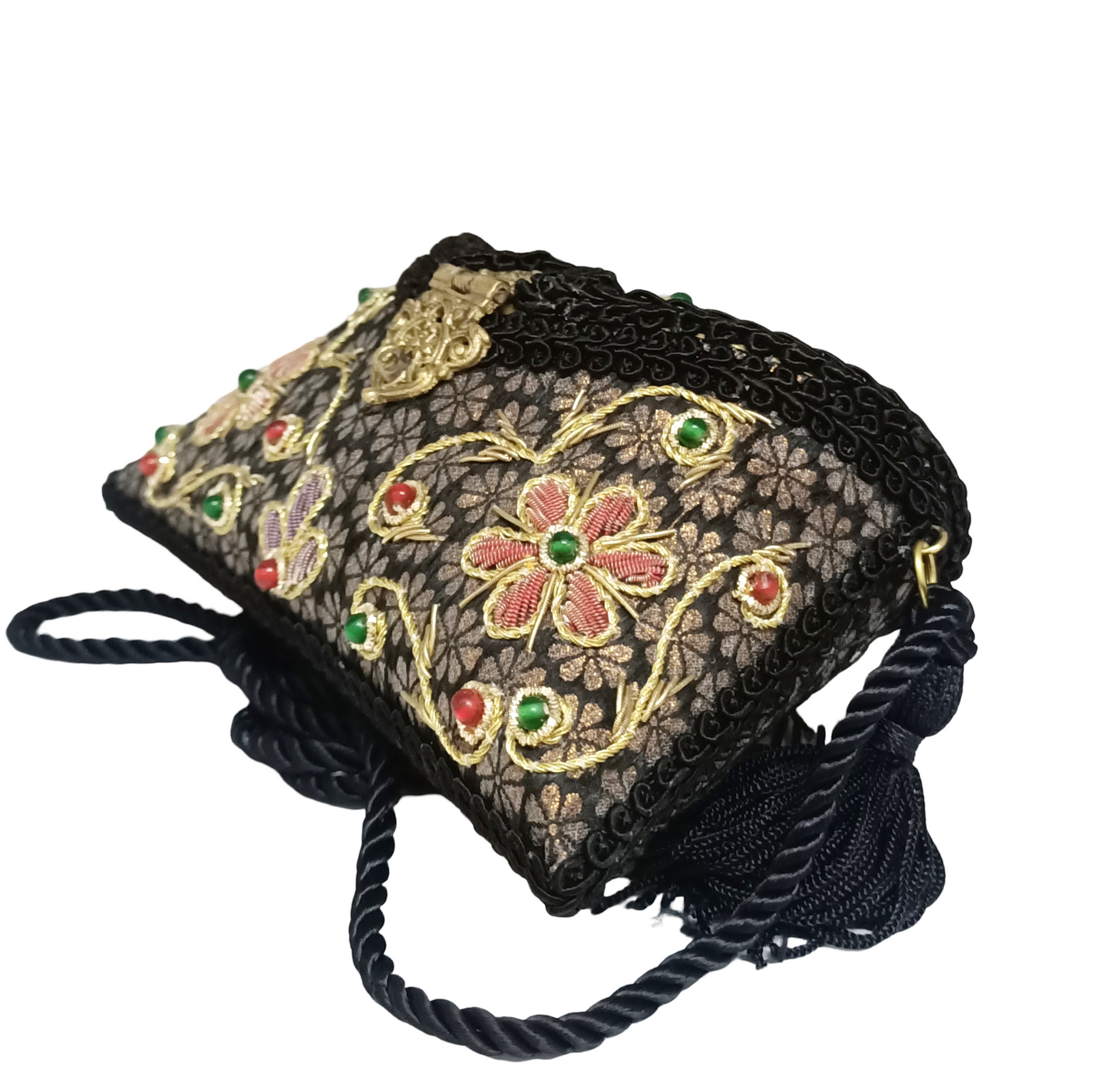 Flower Embroidery Purse Side Black Color