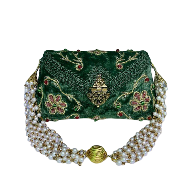 Flower Embroidery Purse Green Color