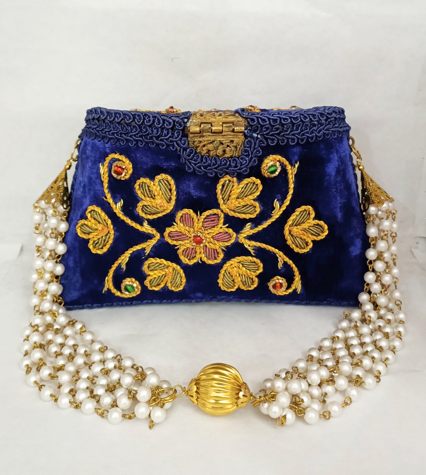 Flower Embroidery Blue Color Purse