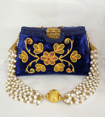Flower Embroidery Blue Color Purse